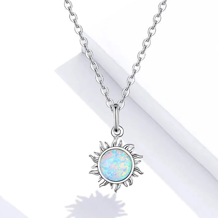 Silver necklace opal sun