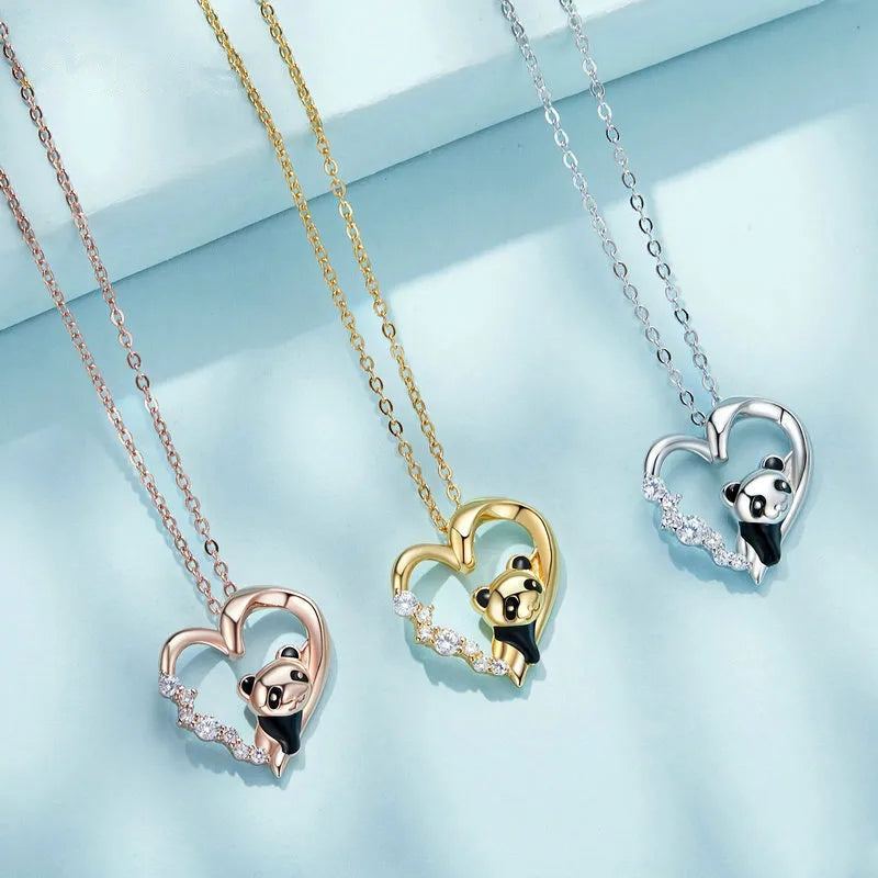 Silver necklace panda in heart